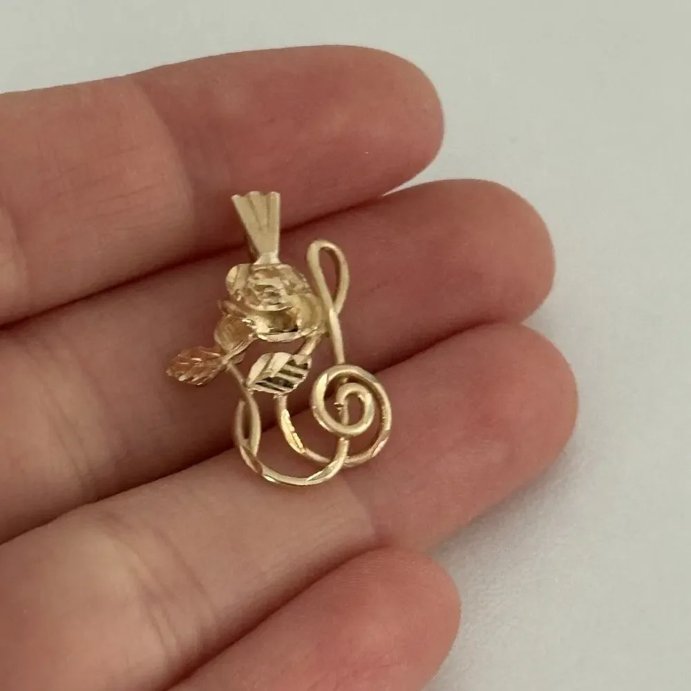 Vintage 14K Yellow Gold Rose Flower & Treble Clef Music Note Charm Pendant